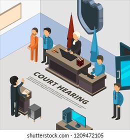 Court session banners. Law process in judicial defendant police and crime interrogation isometric symbols vector illustrations. Court and justice, lawyer and defendant