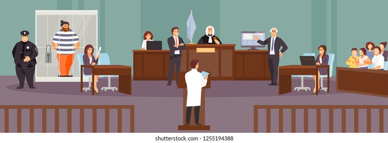 Court session in the courtroom. Judge, Prosecutor, lawyer, criminal, jury policeman Vector illustration