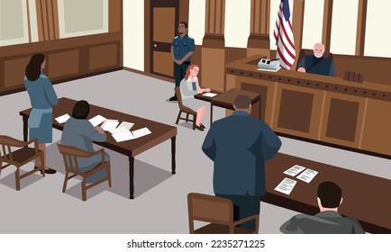 Court session in the courtroom. Judge, Prosecutor, lawyer, criminal, jury policeman Vector illustration