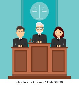Court session. The judges sit in court. The judges sit in their seats. Flat design, vector illustration, vector.