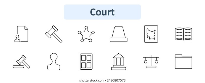 Court set icon. Document with stamp, judge's gavel, sheriff's badge, courthouse, legal document, open book, gavel and block, notary seal, courthouse building, scales of justice