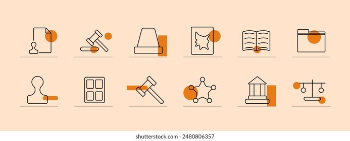 Court set icon. Gavel, badge, siren, document stamp, law book, sheriff star, person silhouette, courthouse, scales, folder. Legal system, justice, court proceedings, law enforcement, judiciary