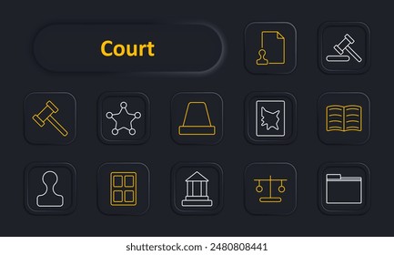 Court set icon. Gavel, badge, siren, document stamp, law book, sheriff star, person silhouette, courthouse, scales, folder. Legal system, justice, court proceedings, law enforcement, judiciary