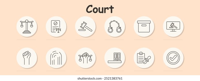 Court set icon. Gavel, scales, handcuffs, document with checkmark, legal folders, monitor with hammer, certificate, fingerprint, legal balance, trial, legal process, judgment, evidence