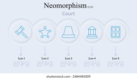 Court set icon. Gavel, sheriff badge, judge's hat, courthouse, windows, legal symbols, judiciary, law, order, justice, legal system, trial