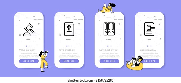 Court set icon. Judge, hammer, bible oath, constitution, collection of laws, condemnation, sentence. Justice concept. UI phone app screens with people. Vector line icon for Business and Advertising.