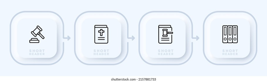 Court set icon. Judge, law, lawyer, justice, crime, constitution, right, fair, honesty, lies, truth, hammer, documents, bible, case, oath. Jurisprudence concept. Neomorphism style.