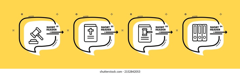 Court Set Icon. Judicial Gavel, Judge, Constitution, Law, Bible, Personal File. Justice Concept. Infographic Timeline With Icons And 4 Steps. Vector Line Icon For Business And Advertising