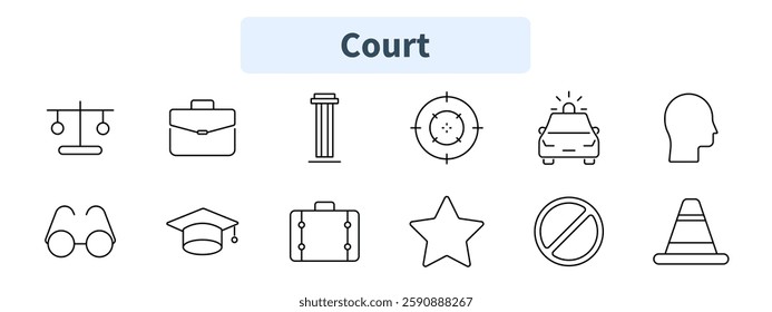 Court set icon. Justice scale, briefcase, column, target, police car, profile, glasses, graduation cap, suitcase, star, prohibition, cone.