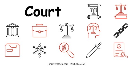 Court set icon. Scale of justice, courthouse, briefcase, sheriff badge, sword, document, gavel, chain, evidence, law, legal system, file