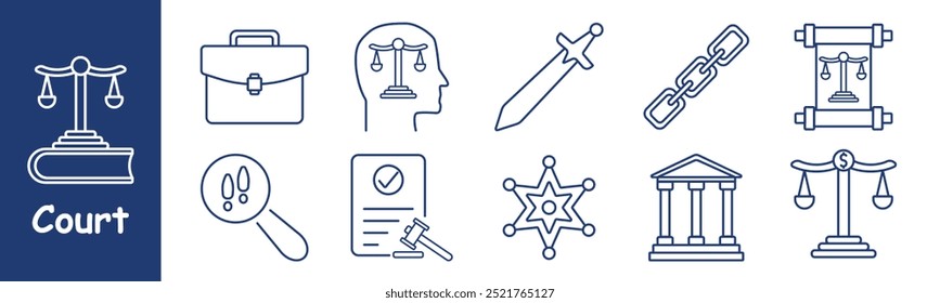 Court set icon. Scales of justice, briefcase, head with justice symbol, sword, chain, courthouse, star badge, document with checkmark, magnifying glass, court order, legal system, trial, law
