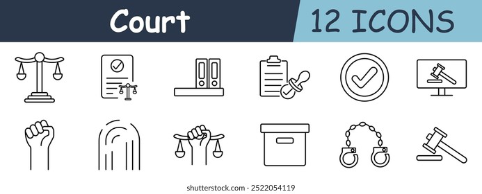 Court set icon. Scales of justice, briefcase, sheriff badge, courthouse, balance, scroll with scales, legal folder, magnifying glass, checklist with gavel, chain, sword, head with scales.