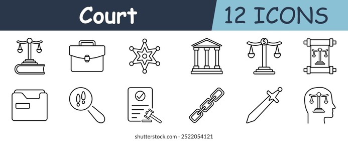 Court set icon. Scales of justice, briefcase, sheriff badge, courthouse, balance, scroll with scales, legal folder, magnifying glass, checklist with gavel, chain, sword, head with scales.