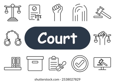 Icono de conjunto de corte. Escalas de justicia, esposas, mazo, documentos, puño, huella digital, carpeta de archivos, Portapapeles, marca de verificación y pantalla de computadora con martillo