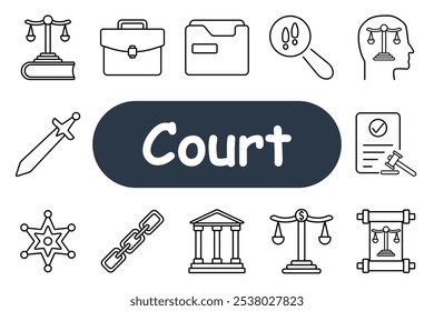 Court set icon. Sword, briefcase, sheriff badge, courthouse, scales with dollar, magnifying glass, document with gavel, chain, mental balance, and legal folder, law, justice, and legal services.