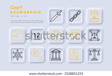 Court set icon. Sword, chains, scales of justice, briefcase, courthouse, gavel, law, justice, sheriff badge, contract, investigation, evidence