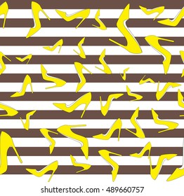 Court shoes seamless pattern - yellow pumps on brown and white strips. Fashion texture illustration for background