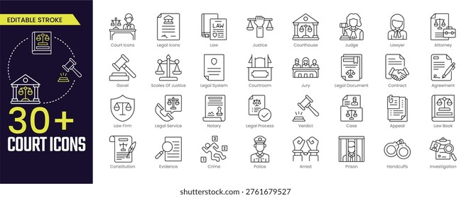Court Stroke icon collections. Containing, law, justice, legal, judge, gavel, courthouse, lawyer, scale of justice,  and legal system icons. Editable Stroke icon collection Outline icon