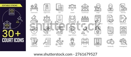 Court Stroke icon collections. Containing, law, justice, legal, judge, gavel, courthouse, lawyer, scale of justice,  and legal system icons. Editable Stroke icon collection Outline icon