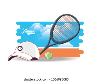 court of tennis sport with racket cap and ball