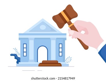 Court there is Justice, Decision and Law with Laws, Scales, Buildings, Wooden Judge Hammer in Flat Cartoon Design Illustration