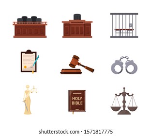 Court trial, courtroom vector illustrations set.