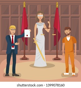 Court Trial, Legal Case Flat Vector Illustration. Themis, Attorney and Happy Convict Cartoon Characters. Cheerful Advocate Holding Acquittal, Justification Sentence. Judicial System, Litigation