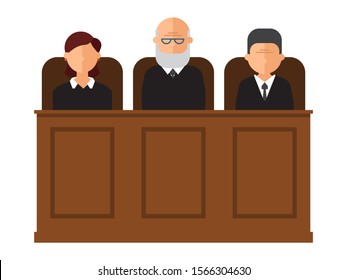 Court trial vector illustration. Courtroom interior with judges and lawyer. Law and criminal, crime and justice in courthouse concept.