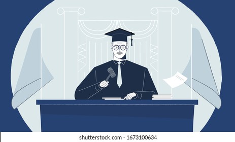 Court trial vector illustration. Courtroom interior with judge. Law and criminal, crime and justice in courthouse concept.