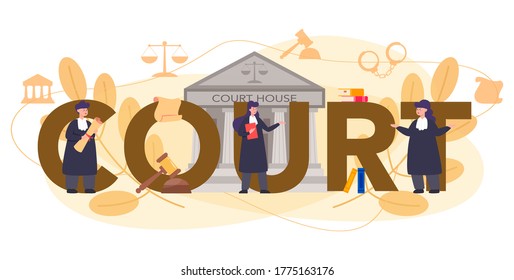 Court typographic header concept. Court worker stand for justice and law. Judge in traditional black robe. Judgement and punishment idea. Isolated flat vector illustration