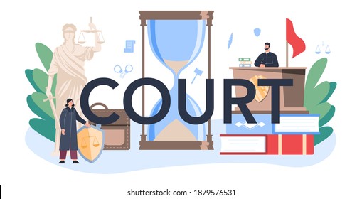 Court typographic header. Judge worker stand for justice and law. Judge in traditional black robe hearing a case and sentencing. Judgement and punishment idea. Isolated flat vector illustration