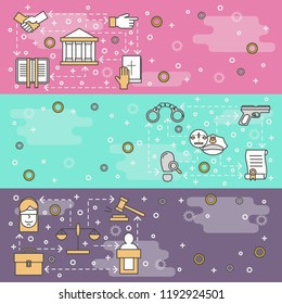 Court vector web banner template set. Law and justice thin line art flat style design elements, icons, copy space.