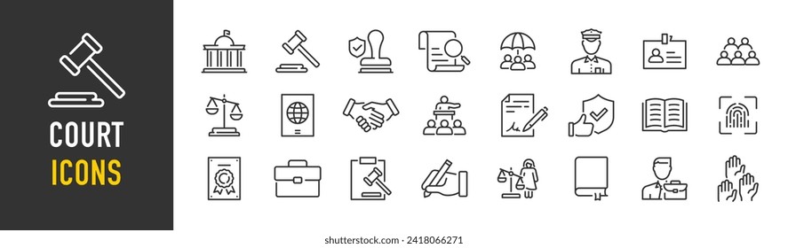 Iconos web de corte en estilo de línea. Investigación, derecho, sentencia, penal, autoridad, corte legal, linaje conexo, justicia, prisión. Ilustración vectorial.