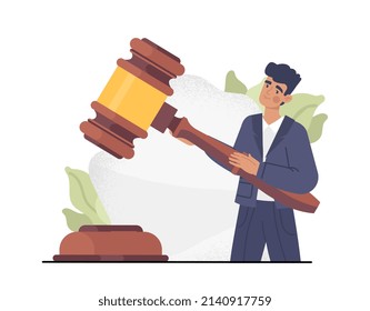 Court worker concept. Man hits with hammer, metaphor for law and adoption of judicial decision. Lawyer holding big gavel. Attorney executing justice metaphor. Cartoon flat vector illustration