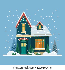 Court Or Yard Decorated For Christmas Eve, Home Or House With Lanterns Or Garland, Building With Decorations For 2019 New Year Celebration. Holiday Decor, Festive Party Decorations. Architecture