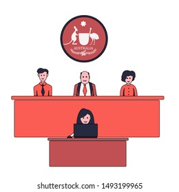 Courthouse in Australia. Inside the interior with people court justice concept element flat design style. Vector illustration