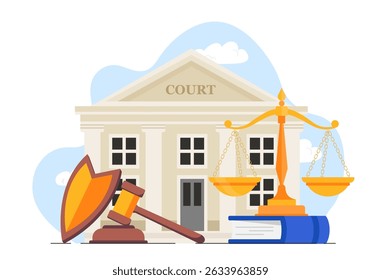 Courthouse building concept. Judges gavel, golden scale near court. Justice and judgement, jurisprudence. Legal support of deals. Flat vector illustration