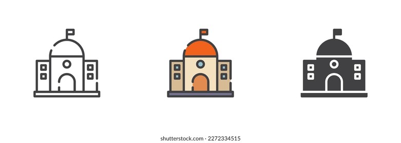 Courthouse building different style icon set. Line, glyph and filled outline colorful version, outline and filled vector sign. Symbol, logo illustration. Vector graphics