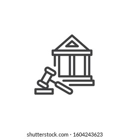 Courthouse building and judge gavel line icon. linear style sign for mobile concept and web design. Justice court building outline vector icon. Symbol, logo illustration. Vector graphics