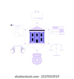 Courthouse Building Surrounded By Legal Icons Symbolizing Law Enforcement And Justice System In Flat Vector Illustration Isolated On White Background