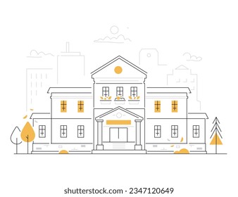 Courthouse in the city - modern line design style illustration on white background. Composition with municipal building or an old mansion that could be a museum piece. Architecture idea