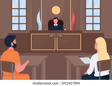 Courthouse, flat color vector illustration. Judge listening lawyer. Justice workers finding out truth, 2D cartoon characters with modern courthouse in background