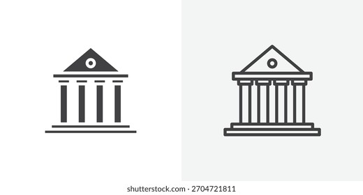 Symbol des Gerichtsgebäudes. Sammlung von bearbeitbaren Strichlinien und Volumenkörper-Flachstilen.