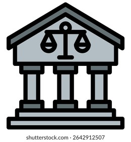 Courthouse icon flat line style illustration representing legal institutions and judicial processes, suitable for law, government, and justice-related projects