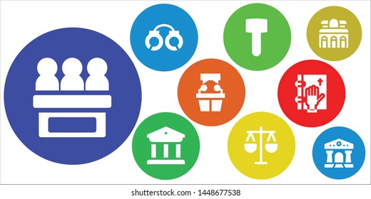 courthouse icon set. 9 filled courthouse icons.  Collection Of - Jury, Handcuffs, Mallet, Museum, Law, Witness, Oath, Courthouse