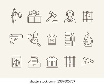 Courthouse line icon set. Jury bench, prison, criminal code. Justice concept. Can be used for topics like court, trial, crime