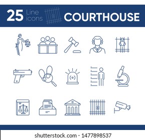 Courthouse line icon set. Jury bench, prison, criminal code. Justice concept. Can be used for topics like court, trial, crime
