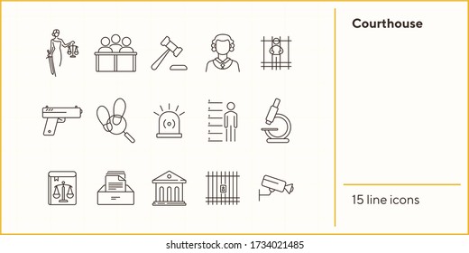 Courthouse Line Icon Set. Jury Bench, Prison, Criminal Code. Justice Concept. Can Be Used For Topics Like Court, Trial, Crime