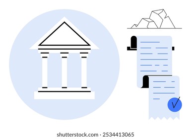 Courthouse with pillars on blue circle next to legal document with checkmark and crumpled paper. Ideal for legal concepts, justice system, documentation, law enforcement, official processes. Simple