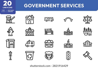 Courthouse, police badge, fire hydrant, ambulance, traffic light, scales, gavel, shield, recycling bin, city hall, bus, bench, streetlight, and and hammer for civic and public adminration applications.